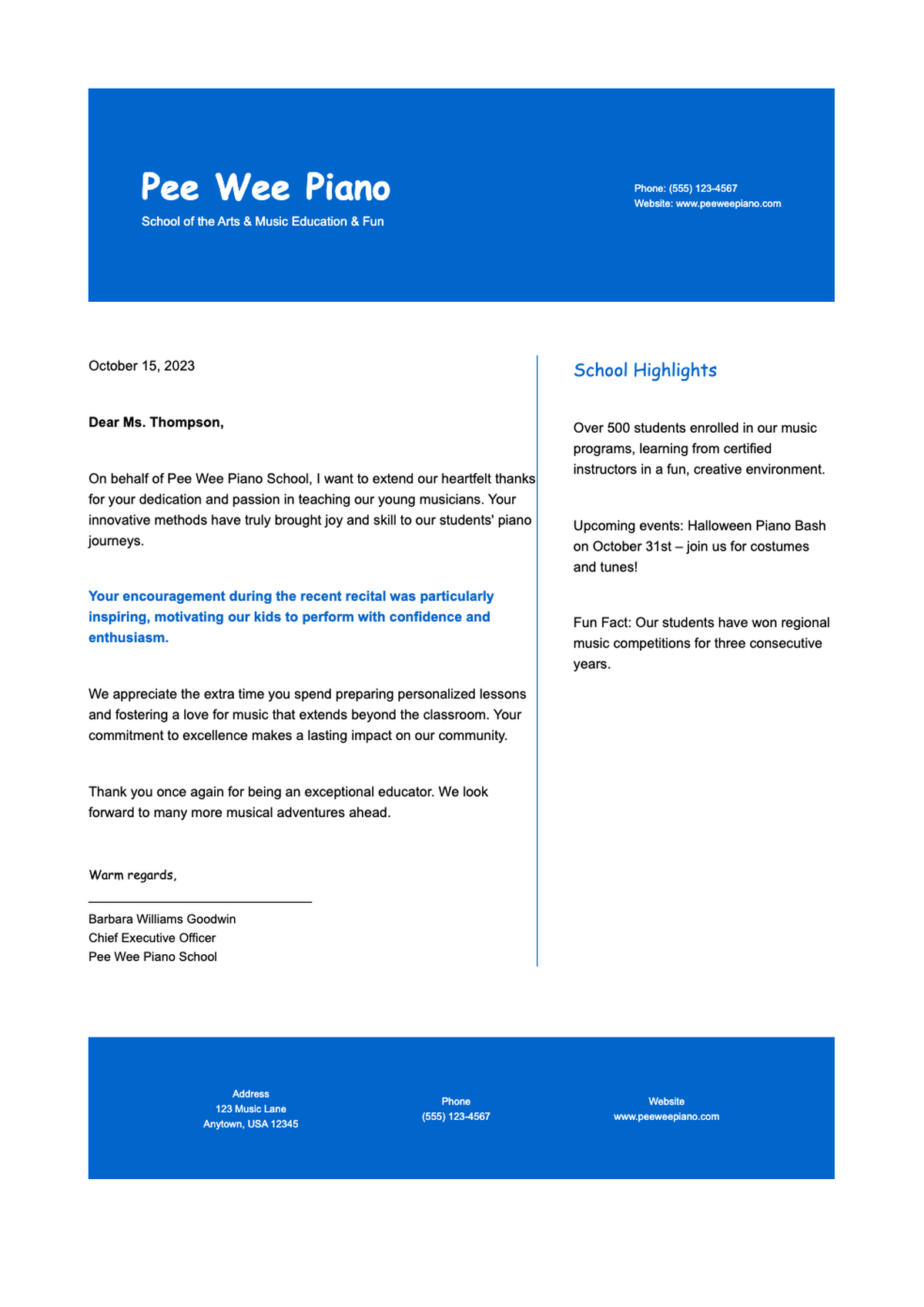 Formal private piano lesson program policy letter from Pee Wee Piano School_variant_3